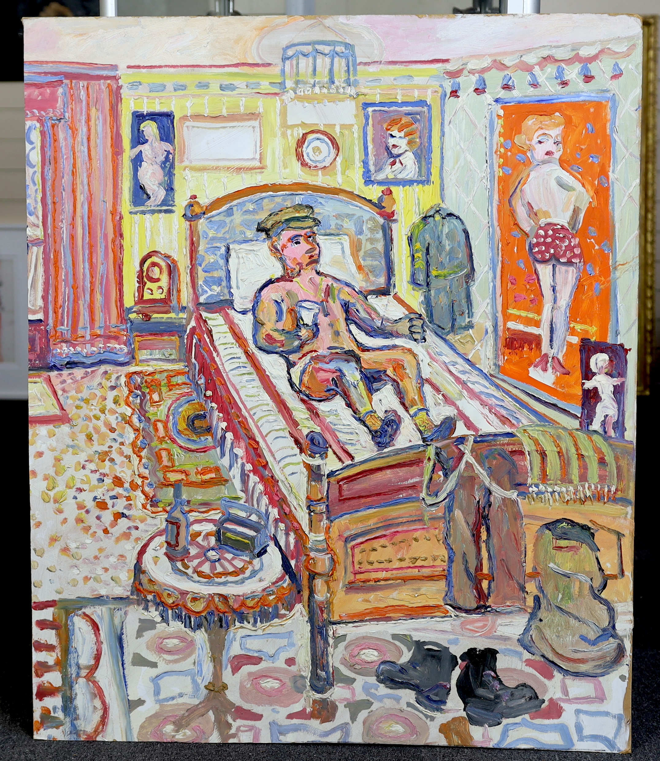 Fred Yates (English, 1922-2008), Soldier in his bedroom, oil on board, 101 x 84cm